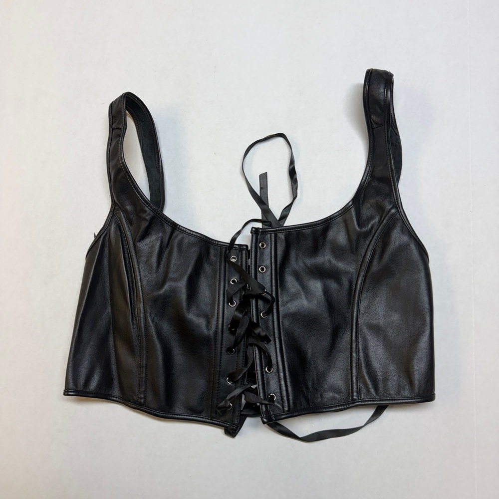 Black Faux Leather Corset Top with Lace-Up Front